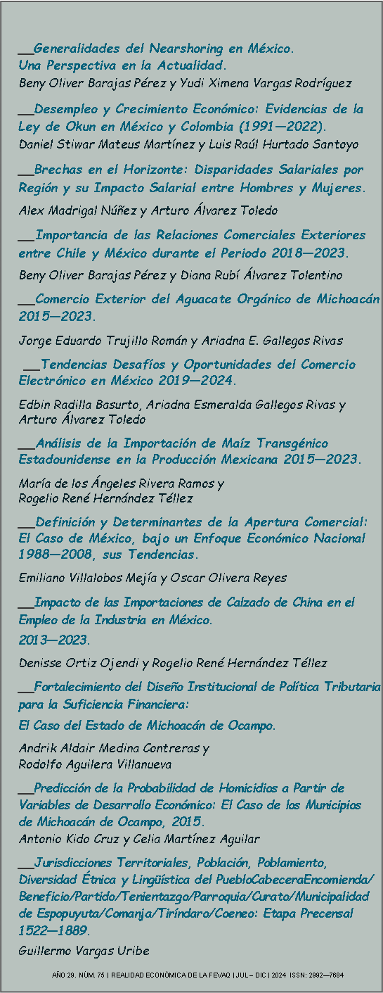 Cuadro de texto:    __Generalidades del Nearshoring en Mxico.               Una Perspectiva en la Actualidad.Beny Oliver Barajas Prez y Yudi Ximena Vargas Rodrguez __Desempleo y Crecimiento Econmico: Evidencias de la Ley de Okun en Mxico y Colombia (19912022).    Daniel Stiwar Mateus Martnez y Luis Ral Hurtado Santoyo                                 __Brechas en el Horizonte: Disparidades Salariales por Regin y su Impacto Salarial entre Hombres y Mujeres.Alex Madrigal Nez y Arturo lvarez Toledo __Importancia de las Relaciones Comerciales Exteriores entre Chile y Mxico durante el Periodo 20182023.Beny Oliver Barajas Prez y Diana Rub lvarez Tolentino __Comercio Exterior del Aguacate Orgnico de Michoacn 20152023.Jorge Eduardo Trujillo Romn y Ariadna E. Gallegos Rivas  __Tendencias Desafos y Oportunidades del Comercio Electrnico en Mxico 20192024.Edbin Radilla Basurto, Ariadna Esmeralda Gallegos Rivas y Arturo lvarez Toledo __Anlisis de la Importacin de Maz Transgnico Estadounidense en la Produccin Mexicana 20152023.Mara de los ngeles Rivera Ramos y                                 Rogelio Ren Hernndez Tllez __Definicin y Determinantes de la Apertura Comercial: El Caso de Mxico, bajo un Enfoque Econmico Nacional 19882008, sus Tendencias.Emiliano Villalobos Meja y Oscar Olivera Reyes__Impacto de las Importaciones de Calzado de China en el Empleo de la Industria en Mxico. 20132023.Denisse Ortiz Ojendi y Rogelio Ren Hernndez Tllez__Fortalecimiento del Diseo Institucional de Poltica Tributaria para la Suficiencia Financiera: El Caso del Estado de Michoacn de Ocampo. Andrik Aldair Medina Contreras y                                    Rodolfo Aguilera Villanueva                                              __Prediccin de la Probabilidad de Homicidios a Partir de Variables de Desarrollo Econmico: El Caso de los Municipios  de Michoacn de Ocampo, 2015.                           Antonio Kido Cruz y Celia Martnez Aguilar __Jurisdicciones Territoriales, Poblacin, Poblamiento, Diversidad tnica y Lingstica del PuebloCabeceraEncomienda/Beneficio/Partido/Tenientazgo/Parroquia/Curato/Municipalidad de Espopuyuta/Comanja/Tirndaro/Coeneo: Etapa Precensal  15221889.Guillermo Vargas Uribe                                                                                                                                                                                                         	AO 29. NM. 75 | REALIDAD ECONMICA DE LA FEVAQ | JUL  DIC | 2024  ISSN: 29927684